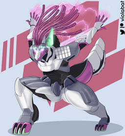 abstract_background ambiguous_gender anthro dreadlocks electricity light machine male solo viola_bat canid canine mammal robot absurd_res hi_res lighting