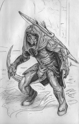 ambiguous_gender anthro armor arrow_(weapon) bottomwear bow_(weapon) claws cloak clothed clothed_anthro clothing countershade_tail countershading crouching facial_spikes finger_claws footwear front_view fully_clothed fully_clothed_anthro gloves handwear hood looking_at_viewer mouth_closed pants ranged_weapon shoes solo spikes spikes_(anatomy) tail weapon deriaz microsoft the_elder_scrolls argonian scalie 2012 full-length_portrait graphite_(artwork) greyscale monochrome portrait traditional_media_(artwork) male_(lore)