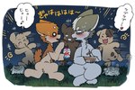 ambiguous_gender blush brown_body brown_fur dialogue eyes_closed fur grey_body grey_fur group heart_symbol kemono orange_body orange_fur semi-anthro tan_body tan_fur tan_inner_ear text white_body white_fur white_inner_ear ayaka kyappy shibeta canid canine canis domestic_dog husky mammal nordic_sled_dog shiba_inu spitz 2024 japanese_text translated