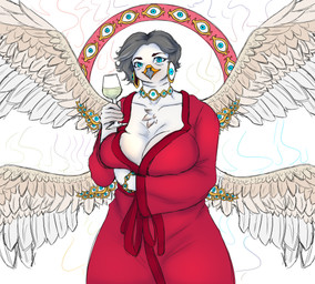 anthro big_breasts blue_eyes breasts chest_tuft clothing container cup drinking_glass feathered_wings feathers female fire glass glass_container glass_cup mature_female multi_eye multi_wing robe solo tuft wide_hips wine_glass wings gulasauce_(artist) whine_mami angel avian bird majarean ophan absurd_res hi_res