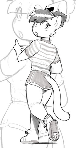 anthro arm_tuft athletic_wear bottomwear breasts clothed clothed_anthro clothed_female clothing dolphin_shorts elbow_tuft eye_through_hair female female_anthro fingers footwear fur furgonomic_bottomwear furgonomic_shorts furgonomics gym_bottomwear gym_shorts hair looking_back open_mouth pattern_clothing pattern_shirt pattern_topwear rear_view shirt shoes shorts solo striped_clothing striped_shirt striped_topwear stripes tail tied_hair topwear translucent translucent_hair tuft conditional_dnp sonokido ventura_city_drifters alina_scratch domestic_cat felid feline felis mammal russian_blue 2024 full-length_portrait hi_res monochrome portrait sketch