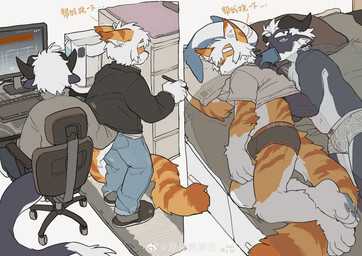 anthro anthro_on_anthro biped briefs clothed clothing duo eyebrows fur hair horn inner_ear_fluff interspecies kemono male male/male orange_body orange_fur tail text tuft underwear white_hair milkybot ikea mythology blahaj hu_ku_li_(milkybot) yay_(milkybot) domestic_cat dragon felid feline felis mammal mythological_creature mythological_scalie scalie absurd_res chinese_text hi_res translated