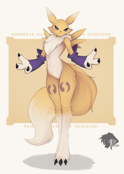 3_fingers anthro armwear armwear_only black_finger_claws black_sclera blue_eyes claws clothing digitigrade finger_claws fingers fur mostly_nude purple_armwear purple_clothing solo tail yellow_body yellow_ears yellow_fur yellow_tail skyversa bandai_namco digimon canid canine digimon_(species) mammal renamon absurd_res hi_res