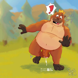 anthro balls belly big_belly bodily_fluids brown_body crown cum exclamation_point genital_fluids genitals headgear humanoid_genitalia humanoid_penis king male open_mouth overweight overweight_male penis royalty solo surprised dattieonhice disney hoppers_(disney) pixar king_george_(hoppers) beaver mammal rodent 1:1 2026 hi_res