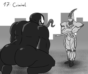 big_butt bubble_butt butt crossed_arms crouching duo empty_eyes eye_contact long_tongue looking_at_another male mouthless not_furry rivals sharp_teeth smile teeth text tongue tongue_out macro710 thatweirdguy konami marvel yu-gi-oh! elemental_hero_neos venom_(marvel) alien alien_humanoid duel_monster humanoid symbiote digital_media_(artwork) english_text greyscale hi_res monochrome