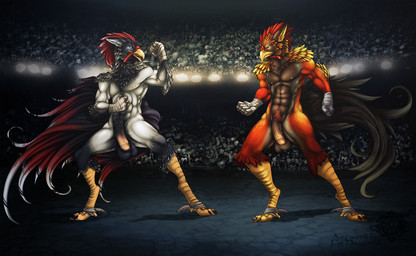 abs anthro arena audience balls beak biceps big_balls black_body crowd duo_focus exhibitionism feathers fight flaccid genitals group lights male multicolored_body muscular nipples nude nude_in_front_of_audience orange_body penis red_body stadium warrior white_body fsmaverick third-party_edit avian bird chicken galliform phasianid 2012 hi_res