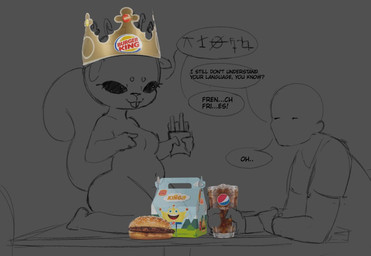 antennae_(anatomy) anthro belly breasts buckteeth burger crown dark_eyes dialogue duo female food fries furniture headgear male on_table small_breasts speech_bubble squirrel_tail table teeth text mamasoyanini burger_king pepsi alien human hybrid mammal rodent sciurid tree_squirrel photo_manipulation sketch