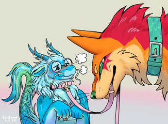 2_horns ambiguous_anthro ambiguous_feral ambiguous_gender anthro bdsm blue_body blue_hair blue_horn blue_inner_ear blue_scales blush breath cheek_tuft claws closed_smile collar countershading dominant dominant_ambiguous dominant_feral duo eyewear facial_tuft fangs feral fur glasses gradient_background green_body green_ears green_eyes green_nose green_scales grey_claws hair holding_leash holding_object horn horn_jewelry horn_ring jewelry larger_ambiguous larger_feral leash mouth_closed mouth_hold neck_tuft orange_body orange_fur petplay pink_collar pink_leash red_body red_fur ring_(jewelry) roleplay round_glasses scales simple_background size_difference smaller_ambiguous smaller_anthro smile submissive submissive_ambiguous submissive_anthro tail tail_tuft tan_body tan_countershading tan_fur teal_collar teeth text tuft birdpaw_(artist) mythology canid canine canis domestic_dog dragon eastern_dragon mammal mythological_creature mythological_scalie scalie 2026 absurd_res artist_name dated half-length_portrait hi_res portrait