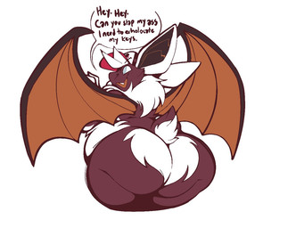 anthro bat_wings belly big_belly big_butt big_ears black_body black_skin blue_eyes butt clothing dialogue fangs hat headgear headwear huge_butt love_handles male mane membrane_(anatomy) membranous_wings mostly_nude rear_view short_tail solo speech_bubble tail teeth text white_mane wide_hips wings boot_(artist) anatoli_(boot) bat mammal 2021 english_text