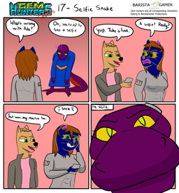 anthro clothing cochlear_implant_processor deaf depression dialogue female group jacket keikogi laugh male martial_arts_uniform photo selfie shirt sportswear text topwear trio baristagamerproductions ada_(gem_hunters) alfonso_(gem_hunters) phoebe_(gem_hunters) canid canine canis dingo felid feline mammal reptile scalie snake absurd_res comic english_text hi_res