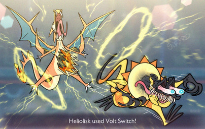 3_toes bloodshot_eyes blue_eyes claws electricity fangs feet fire flying hole_(anatomy) humor light long_tail open_mouth piercing pokemon_move running screaming sunlight tail teeth text toes tongue tongue_out toony wings blitzdrachin conditional_dnp ed_'big_daddy'_roth mythology nintendo pokemon pokemon_champions_(game) rat_fink charizard dragon generation_1_pokemon generation_6_pokemon heliolisk mega_charizard mega_charizard_y mega_evolution mythological_creature mythological_scalie pokemon_(species) reptile scalie english_text meme