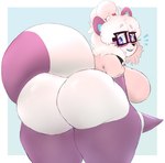 anthro big_breasts big_butt breasts butt clothing eyebrows eyewear female fur glasses legwear looking_at_viewer looking_back open_mouth shirt simple_background smile solo thick_eyebrows thick_thighs thigh_highs topwear white_body white_fur tacdoodles chigui_(character) bear mammal