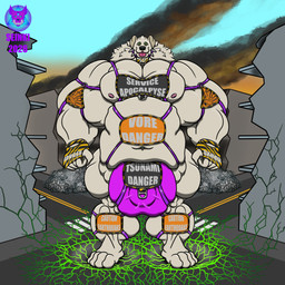 4_toes anthro belly big_belly big_bulge big_muscles big_pecs bulge city collar cracked_ground cracks destruction feet harness huge_bulge huge_muscles hyper hyper_bulge hyper_muscles macro male muscular pecs rubble solo text toes warning_sign seinki canid canine canis domestic_dog kuvasz livestock_guardian_dog mammal pastoral_dog 1:1 english_text hi_res