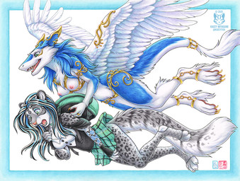 4_toes 5_fingers accessory anthro backpack black_spots blue_body blue_border blue_eyes blue_fur border bottomwear breasts claws cleavage clothed clothing duo ear_piercing ear_ring facial_piercing feathered_wings feathers feet female fingerless_gloves fingers fishnet_clothing fishnet_legwear flying footwear fur furgonomics gloves green_eyes grey_body grey_fur handwear inner_ear_fluff jewelry legwear markings nipples nose_piercing open_mouth open_smile pawpads piercing pink_pawpads ring ring_piercing septum_piercing simple_background skirt smile socks spots spotted_body spotted_fur stirrup_socks tail tail_accessory tail_jewelry tail_ring tail_tuft tail_under_skirt teeth toe_claws toeless_legwear toes tongue tuft white_background white_body white_feathers wide_eyed wings kacey felid mammal pantherine sergal snow_leopard 2020