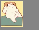 anthro bodily_fluids brown_head finger_on_face flaccid genitals hand_on_belly looking_aside male multicolored_body nervous nervous_smile overweight overweight_anthro overweight_male paw_on_belly paws penis penis_tip simple_background sitting sitting_on_object slightly_chubby slightly_chubby_anthro slightly_chubby_male smile solo spread_legs spreading sweat sweatdrop tan_body teeth two_tone_body coccui dogs_in_space netflix loaf_(dogs_in_space) bulldog canid canine canis domestic_dog mammal mastiff molosser absurd_res hi_res