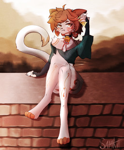anthro brick_wall crossed_legs forest looking_at_viewer male ofuda plant ring sky solo tail talisman tongue tongue_out tree wall_(structure) samkit domestic_cat felid feline felis mammal hi_res