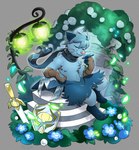 anthro armor blue_body blue_fur blue_hair blue_scarf clothing eyes_closed flower fur gloves hair handwear headgear helmet lamp lantern male melee_weapon plant rose_(flower) scarf shield shrub sitting solo sword weapon haychel nintendo pokemon dewott generation_5_pokemon pokemon_(species) 2024 hi_res