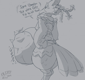 abdominal_bulge anthro beak belly big_belly braided_hair clothed clothing duo feather_hands feathers hair huge_belly male male_pred rumbling_stomach side_view simple_background soft_vore solo_focus standing tail tail_feathers text vore blitzit breath_of_the_wild nintendo the_legend_of_zelda revali avian rito 2025 english_text hi_res monochrome signature