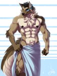 abs anthro male muscular muscular_anthro muscular_male nipple_piercing nipples pecs piercing solo towel towel_around_waist towel_only feralise edan_shepherd canid canine canis domestic_dog german_shepherd herding_dog mammal pastoral_dog 3:4 hi_res