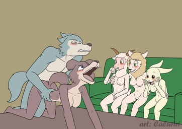 all_fours anthro anthro_on_anthro anthro_penetrated anthro_penetrating anthro_penetrating_anthro black_nose blush breasts brown_body brown_fur doggystyle female female_penetrated from_behind_position fur genitals grey_body grey_fur group horn male male/female male_penetrating male_penetrating_female masturbation nipples nude nude_anthro nude_female nude_male penetration penile penile_penetration sex teeth tongue vaginal vaginal_masturbation voyeur vulva white_body white_fur white_wool wool_(fur) caluriri beastars els_(beastars) haru_(beastars) juno_(beastars) legoshi_(beastars) sebun_(beastars) angora_goat bovid canid canine canis caprine domestic_goat domestic_rabbit domestic_sheep dwarf_rabbit goat lagomorph leporid mammal merino_sheep oryctolagus rabbit sheep wolf