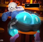 bar bar_stool big_butt blue_body bodily_fluids bottomwear butt butt_focus clothing footwear furniture glowing glowing_body glowing_eyes jacket male musk presenting presenting_hindquarters shoes short_stack shorts slightly_chubby slippers solo stool sweat topwear translucent el_booki undertale_(series) sans_(undertale) humanoid absurd_res hi_res