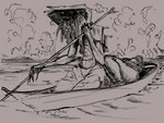 ambiguous_gender boat breasts duo female looking_at_viewer lying nipples oar on_back scary swamp vehicle water watercraft meandraco humanoid monster 4:3 hi_res monochrome sketch