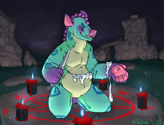 ambiguous_gender anthro belly candle knife magic magic_circle navel null occult_symbol pawpads paws pentacle pentagram plush_stuffing plushie ritual solo summoning symbol violence meldritchhorror mint_(princess-everdude) animate_inanimate hyena living_plushie mammal spotted_hyena hi_res
