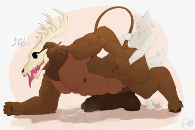 all_fours anal anal_penetration anthro anthro_on_anthro anthro_penetrated anthro_penetrating anthro_penetrating_anthro antlers aroused balls balls_on_ground beverage big_penis bodily_fluids bone brown_body brown_fur butt cum dialogue doggystyle duo ejaculation erection faceless_character faceless_male from_behind_position fur genital_fluids genitals glans hand_holding hooves horn humanoid_genitalia humanoid_penis larger_male larger_penetrated larger_sub long_tail male male/male male_penetrated male_penetrating male_penetrating_male mature_male nipples penetration penis pubes pupils saggy_balls saliva saliva_on_tongue sex simple_background size_difference skull skull_head smaller_male spade_tail steam submissive tail tail_grab text tongue tongue_out white_pupils aimskull american_mythology indigenous_north_american_mythology mythology north_american_mythology canid canine canis deer mammal monster mythological_creature wendigo wolf 2025 digital_drawing_(artwork) digital_media_(artwork) english_text hi_res signature