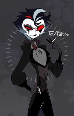 adolescent alternative_fashion anthro beak black_clothing cigarette clothing formal_clothing formal_wear frown goth grey_background hair looking_at_viewer male messy_hair red_eyes simple_background smoking solo standing text young teathekook hellaverse helluva_boss stolas_(helluva_boss) avian bird owl owl_demon hi_res watermark