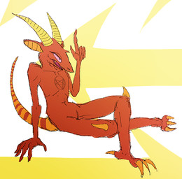 3_toes 5_fingers abstract_background ambiguous_gender anthro crossed_legs feet fingers gesture hand_gesture long_tail markings occult_symbol open_mouth orange_body orange_scales pentagram pink_eyes pointing red_body red_scales scales simple_background sitting solo spikes spikes_(anatomy) striped_markings stripes symbol tail toes bittertooth demon 2014