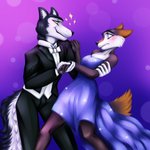 anthro black_tie_(suit) clothing confidence confident dancing dress duo female gown male nervous suit albinadainer legend_of_ahya fan_character murana_wolford_(darkflame-wolf) sebastian_hrunting canid canine canis mammal wolf 1:1 absurd_res hi_res