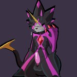 animal_genitalia animal_penis anthro balls bodily_fluids claws cum erection genital_fluids genitals horn leaking_cum male penis smile smirk solo lycansdenx bandai_namco digimon digimon_(species) gulusgammamon hi_res