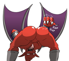 anklet anthro bent_over bracelet bubble_butt butt butt_slap empty_eyes fangs featureless_crotch humanoid_pointy_ears jewelry looking_through looking_through_legs male membrane_(anatomy) membranous_wings mocking mooning night nude open_mouth pointy_ears presenting presenting_hindquarters rear_view red_body slap slapping_own_butt slapping_self smile solo sound_effects taunting teasing teasing_with_butt teeth text tongue tongue_out wings macro710 thatweirdguy capcom demon's_crest gargoyle's_quest ghosts_'n_goblins firebrand demon gargoyle red_arremer hi_res
