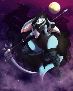 anthro big_ears black_clothing black_legwear black_topwear blue_body blue_fur brown_eyes clothed clothing crossdressing fur holding_melee_weapon holding_object holding_polearm holding_scythe holding_weapon inner_ear_fluff legwear male melee_weapon mouth_closed navel pink_inner_ear polearm scythe solo topwear tuft weapon white_body white_fur white_inner_ear_fluff tiggybloom 2018 4:5 dated hi_res signature