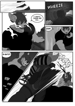 anthro beard blood blood_splatter bloodshot_eyes bodily_fluids dialogue duo facial_hair fight first_person_view full_body_suit gas hair inside kneeling male onomatopoeia saliva smoke solo sound_effects straps talking_to_viewer teeth text violence viola_bat viola_bat_(character) bat canid canine canis domestic_dog mammal absurd_res comic english_text hi_res monochrome