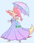 3_fingers anthro biped blue_clothing blue_dress boots clothed clothing dress female female_anthro fingers flower flower_accessory footwear fully_clothed fur holding_object holding_umbrella inner_ear_fluff kemono monotone_tail multicolored_body multicolored_fur pink_inner_ear_fluff plant pupils red_body red_fur shoes simple_background snout solo standing tail three-quarter_view tuft umbrella white_background white_body white_fur white_pupils yellow_body yellow_ears yellow_fur yellow_tail gd-058 nintendo pokemon canid canine delphox generation_6_pokemon mammal pokemon_(species) 2024 colored digital_media_(artwork) full-length_portrait hi_res portrait shaded simple_shading