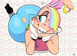 anthro big_butt big_teeth blue_eyes bottomwear braces butt clothed clothing crossdressing dotted_background femboy footwear freckles gloves hair hair_over_eye handwear high_heels lying male multicolored_hair on_front one_eye_obstructed orthodontic_headgear pants pattern_background rainbow_hair shirt shoes simple_background solo tan_body tank_top tight_clothing topwear wide_hips vimhomeless bonkers_(vimhomeless) lagomorph leporid mammal rabbit 2020 hi_res