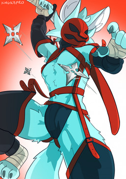 anthro arm_warmers armwear blue_body blue_fur bottomwear bulge claws clothed clothing fox_tail fur hand_wraps holding_object holding_weapon leggings legwear male mask melee_weapon ninja ninja_outfit ninja_suit pawpads ranged_weapon scabbard shuriken simple_background skimpy solo straps sword tail warrior weapon wearing_mask wraps kingkapro shinobi_(kingkapro) canid canine fox mammal digital_media_(artwork) hi_res