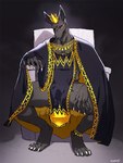 anklet anthro biped black_body black_fur black_sclera bottomwear bracelet bulge cape chair claws clothing eyeliner finger_claws fur furniture gold_(metal) gold_jewelry jewelry large_chest loincloth makeup male male_anthro muscular muscular_anthro muscular_male poncho red_eyes solo tabard tall tall_ears throne toe_claws white_eyeliner bebebebebe egyptian_mythology middle_eastern_mythology mythology anubis anubian_jackal canid canine canis deity jackal mammal