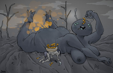2_horns 3_toes 6_eyes all_fours ambiguous_gender anthro areola big_breasts big_butt black_nipples blue_bottomwear blue_clothing blue_hair blue_loincloth bottomwear bowl breasts butt cellulite clothing cloud container crumbs crumbs_on_face dark_areola dark_nipples dead_tree duo eating fart fart_cloud feet female grey_body grey_skin hair horn huge_butt loincloth lying motion_lines multi_eye nipples nude on_front open_mouth open_smile orange_fart_cloud plant sickle size_difference smile starving teal_eyes teal_tongue text toes tongue tree wheat white_horn jubb human mammal unknown_species 2024 artist_name