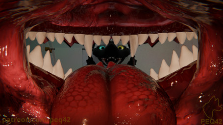 anthro bodily_fluids body_in_mouth fangs first_person_view imminent_vore male oral_vore saliva saliva_string solo teeth vore peq42 mythology peq_(peq42) dragon mythological_creature mythological_scalie nardoragon scalie hi_res