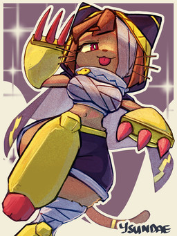 anthro bandage bandage_on_face bandaged_chest bandaged_leg boots bottomwear brown_body brown_fur brown_hair cape cat_hoodie claws clothing cosplay crossover_cosplay female footwear fur gauntlet_(weapon) hair hoodie one_eye_obstructed one_leg_up raised_leg scarf shoes shorts solo thick_thighs tongue tongue_out topwear whiskers wide_hips ysundae gameoverse glitch_productions ratatan kit_bodega nyandola_(ratatan) felid feline mammal 2026 3:4 colored crossover digital_drawing_(artwork) digital_media_(artwork) hi_res signature