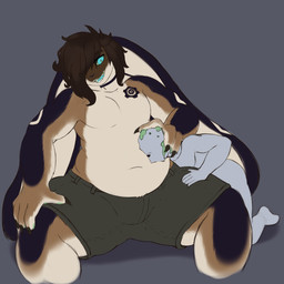 5_fingers ambiguous_gender anthro arm_markings belly belly_squish biped black_body black_ears black_fur blue_eyes blue_tongue bottomwear brown_body brown_bottomwear brown_clothing brown_fur brown_hair brown_shorts bulge choker claws clothed clothing countershade_arms countershade_face countershade_fur countershade_hands countershade_legs countershade_torso countershading finger_claws fingers floppy_ears front_view fur grey_background hair hair_over_eye hand_on_head head_grab huge_ears human_on_anthro humanoid_hands interspecies jewelry larger_anthro larger_male long_ears looking_at_another lop_ears male male/ambiguous markings monotone_hair multicolored_body multicolored_ears multicolored_fur navel necklace one_eye_obstructed open_mouth open_smile shorts simple_background sitting size_difference slightly_chubby slightly_chubby_male slime smaller_ambiguous smaller_human smile solo squish teeth tongue topless topless_anthro topless_male two_tone_ears white_body white_countershading white_fur white_inner_ear kabashi anon monsterbun_(lapinousmalice) goo_creature human lagomorph mammal 1:1 colored digital_media_(artwork) hi_res portrait three-quarter_portrait