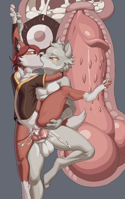 animal_genitalia animal_penis anthro balls bodily_fluids breasts cervical_contact clothing cum cum_in_vagina cum_inside duo ejaculation eye_contact feline_genitalia feline_penis female from_behind_position fur genital_fluids genitals impregnation internal internal_vaginal kissing knot knotted_penis knotting looking_at_another male male/female penetration penis red_body red_fur sex sheath spread_legs spreading standing standing_sex uterus vaginal vaginal_penetration vulva pata mythology haiiroyuki_(zekeofgods) canid canine canis felid feline fox mammal mythological_canine mythological_creature werecanid werecanine werecreature werewolf wolf hi_res