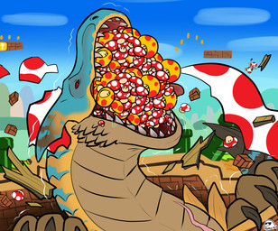 ambiguous_gender bodily_fluids body_size_growth feral fungus growth_lines macro mega_mushroom mouth_full mushroom open_mouth property_damage saliva saliva_string sharp_teeth size_transformation solo super_mushroom teeth transformation flippin-rad capcom mario_bros monster_hunter nintendo grev_(greviste) flying_wyvern tigrex toad_(mario) hi_res