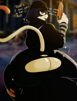 anthro beanie big_butt bottomwear butt clothed clothing eyelashes female gun hat headgear headwear huge_butt ranged_weapon solo tail text torn_bottomwear torn_clothing weapon yellow_eyes flam3s epic_games fortnite meow_skulls felid feline mammal absurd_res hi_res