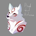 female feral fur markings red_body red_fur red_markings simple_background smile solo white_body white_fur badartvirtuoso capcom clover_studio okami_(capcom) amaterasu_(okami) canid canine canis mammal wolf 1:1 absurd_res cel_shading hi_res shaded