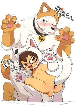 age_difference anthro areola backsack balls bell bell_collar blush blush_lines brown_hair buttplug buttplug_tail censored_anus claws clothing collar costume crouching eyewear fake_tail fangs fur fursuit genitals glasses hair kemono male nipples object_in_ass onomatopoeia partial_fursuit pawpads plug_(sex_toy) sex_toy size_difference sound_effects tan_body tan_fur teeth text white_body white_fur young young_anthro young_male manmosu_marimo shota_feline_(marimo) white_canine_(marimo) canid canine canis domestic_cat domestic_dog felid feline felis mammal censored