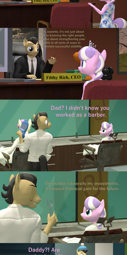 age_difference anthro biped black_hair brown_body clothed clothing dialogue eyelashes female group hair male multicolored_hair older_male pupils purple_body purple_hair scissors shirt sitting text topwear two_tone_hair white_hair young younger_female papadragon69 friendship_is_magic hasbro my_little_pony bonbon_(mlp) diamond_tiara_(mlp) filthy_rich_(mlp) equid equine mammal 3d_(artwork) absurd_res comic digital_media_(artwork) english_text hi_res daughter_(lore) father_(lore) father_and_child_(lore) father_and_daughter_(lore) parent_(lore) parent_and_child_(lore) parent_and_daughter_(lore)