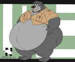 anthro belly belly_grab big_belly bottomless bottomless_anthro bottomless_male clothed clothing fur looking_at_viewer male morbidly_obese morbidly_obese_anthro morbidly_obese_male mouth_closed navel obese obese_anthro obese_male overweight overweight_anthro overweight_male shirt shirt_only smile smiling_at_viewer solo standing thick_thighs topwear topwear_only wide_eyed wide_hips zangokunatenshi disney talespin the_jungle_book baloo bear mammal 2024 hi_res signature